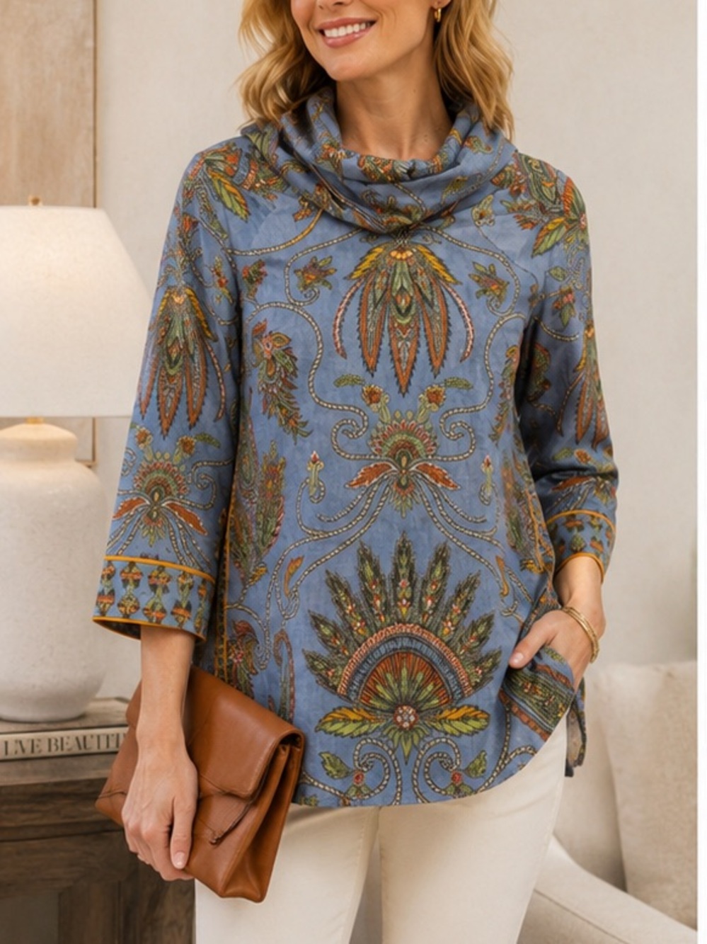 Gretchen Scott cotton cowl neck tunic medium funnel plume pattern htf